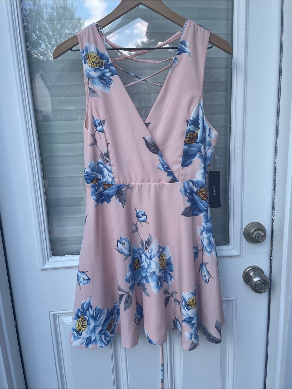 Lulu's Pink Floral Crisscross-Back Mini Dress with Blue Blooms
